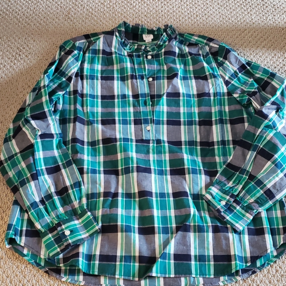 NWT Gap Green Ruffle Neck Plaid Shirt (0083)